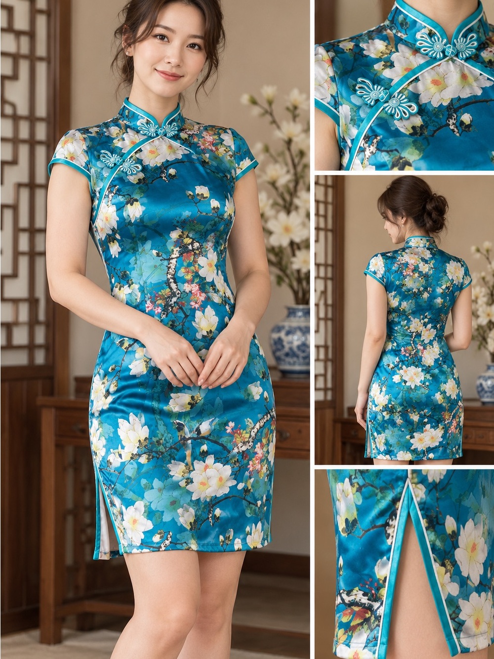 Floral Blue Satin Cheongsam Dress